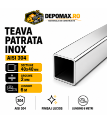 Teava patrata inox lucioasa AISI 304, 40 x 40 x 2 mm, 6 metri